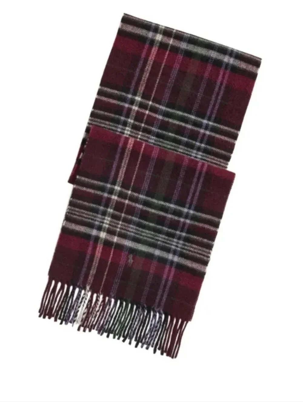 Polo by Ralph Lauren Burgundy, Green & Purple Plaid Wool Fringe Scarf